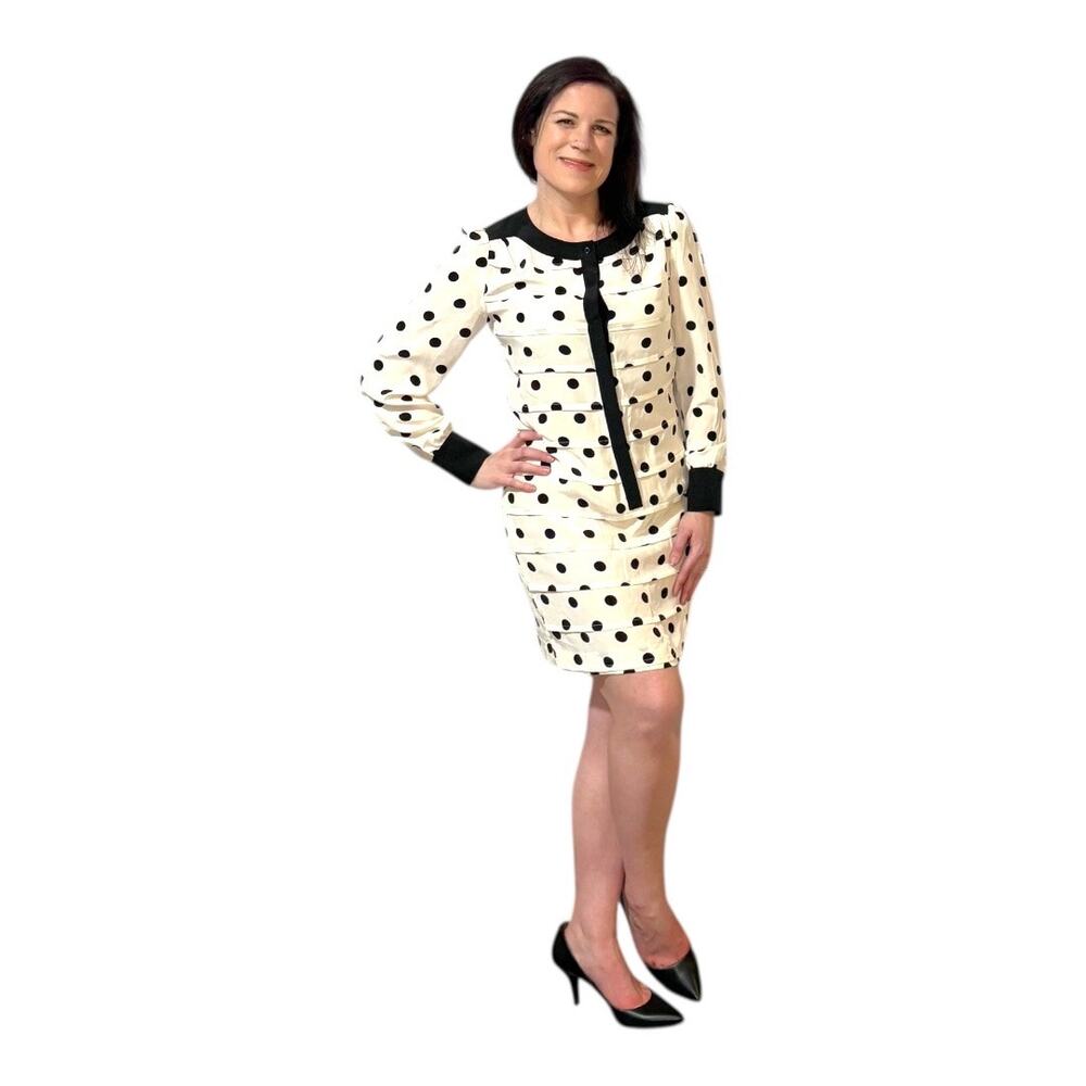 Reiss Long Sleeve Mini Dress - White w/ Black Polka Dots Sz 6 - Vacation Casual